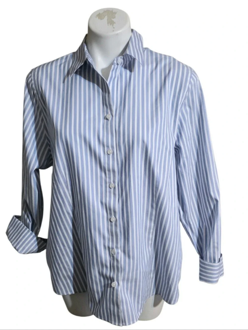 Chico's No Iron Stretch Striped Shirt Light Blue & White Size 2= 12/14 - Picture 5 of 16